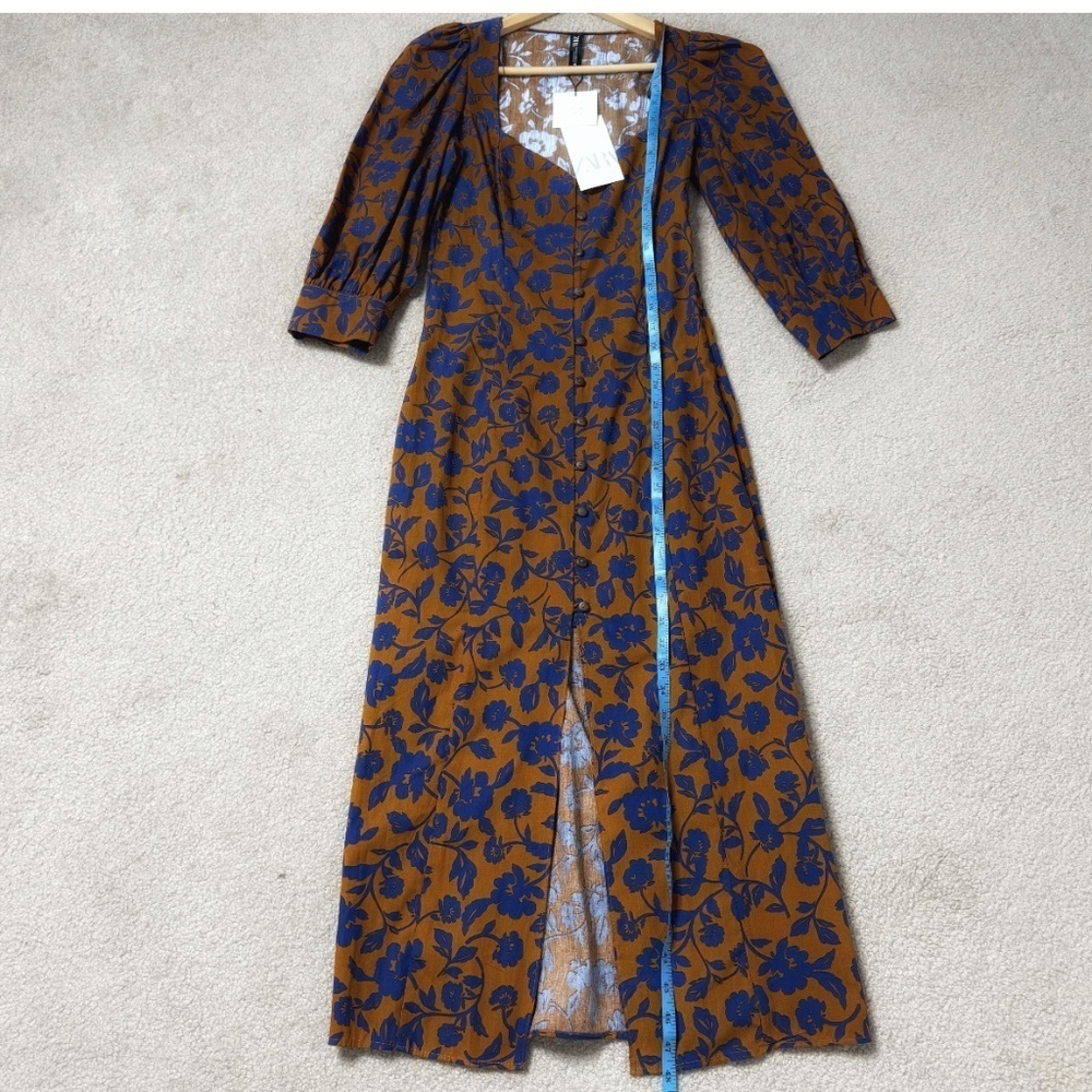 NWT Zara Dress Midi Length Button Front Convertible Duster Dress Brown Blue XS - Picture 14 of 16